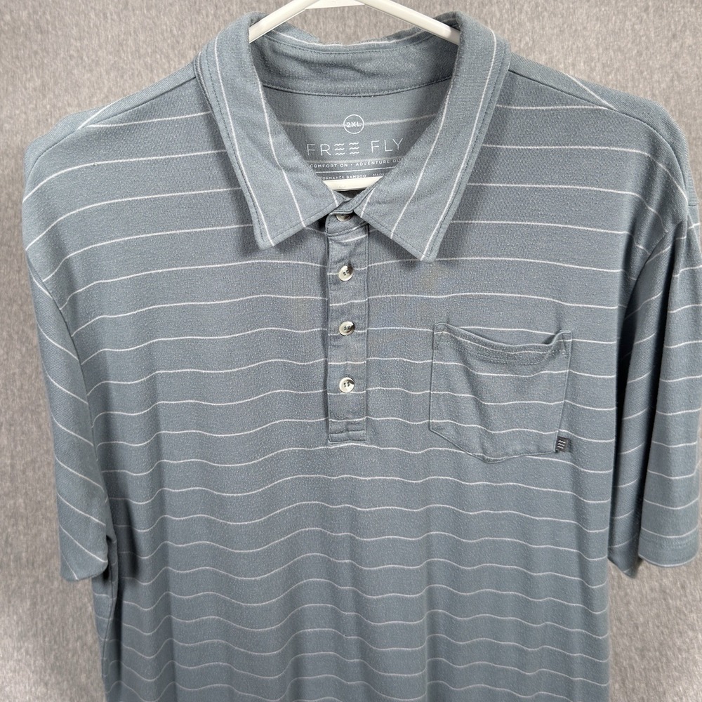 Free Fly Shirt Mens 2XL Green Blue Striped Polo Performance Bamboo Short Sleeve